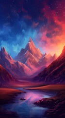 Wall Mural - An abstract mountain landscape with jagged peaks and a misty atmosphere, conveying a sense of grandeur and awe. Colorful illustration art. Generative AI