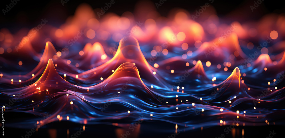 abstract blue and purple wavy background with glowing lines and bokeh ...