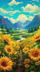 Wall Mural - A sunflower field in full bloom, stretching as far as the eye can see. Colorful illustration art. Generative AI