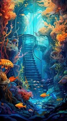 Wall Mural - An abstract underwater world with swirling currents and vibrant marine life, exuding a sense of exploration and wonder. Colorful illustration art. Generative AI