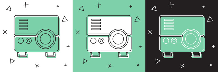 Poster - Set Presentation, movie, film, media projector icon isolated on white and green, black background. Vector