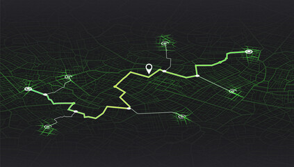 Futuristic Route Dashboard GPS Map Tracking: Cutting-edge Technology for Navigation and Tracking Routes. Pick up taxi. Passenger location sharing for driver. City top view. Vector Illustration.