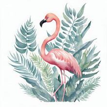 Pink Flamingo On White Background Watercolor Artwork