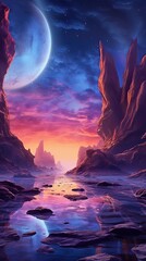 Wall Mural - An abstract landscape with surreal rock formations and a surreal sky. Colorful illustration art. Generative AI