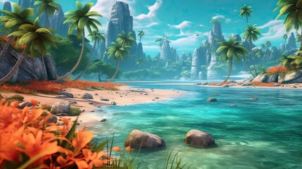 Wall Mural - A tropical paradise beach with turquoise waters and palm trees swaying in the breeze. Colorful illustration art. Generative AI