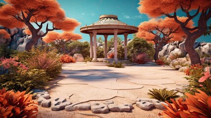 Wall Mural - A tranquil zen garden with a meditation pavilion and perfectly raked sand. Colorful illustration art. Generative AI