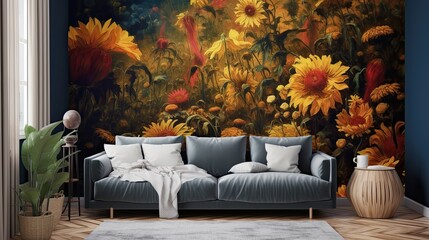 Wall Mural - A sunflower field in full bloom, stretching as far as the eye can see. Colorful illustration art. Generative AI