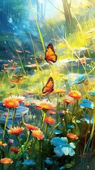Wall Mural - A sunlit meadow with wildflowers in full bloom and butterflies fluttering around. Colorful illustration art. Generative AI