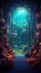 Wall Mural - An ethereal underwater cave with bioluminescent creatures and shimmering underwater light. Colorful illustration art. Generative AI