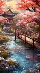 Wall Mural - A serene Japanese garden with a pond, cherry blossom trees, and a traditional wooden bridge. Colorful illustration art. Generative AI