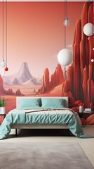 Wall Mural - An abstract landscape with surreal rock formations and a surreal sky. Colorful illustration art. Generative AI