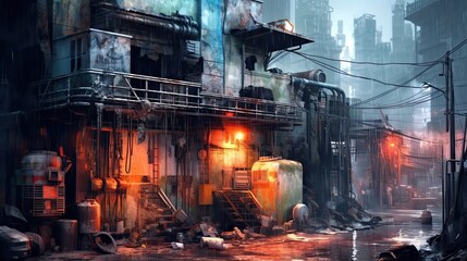 Wall Mural - An abstract industrial landscape with metallic structures and gritty textures, conveying a sense of urban decay and resilience. Colorful illustration art. Generative AI
