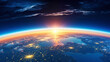 © AngrySun - Panoramic view on planet Earth globe from space. Glowing city lights, light clouds. Generative AI