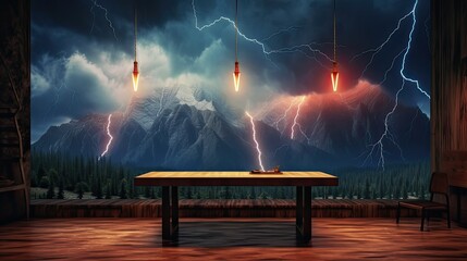 Wall Mural - A dramatic stormy sky with lightning bolts illuminating a rugged mountain range. Colorful illustration art. Generative AI