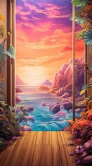 Wall Mural - A serene coastal cliff overlooking crashing waves and a stunning sunset. Colorful illustration art. Generative AI