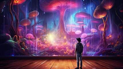 Wall Mural - A mystical forest with towering trees, glowing mushrooms, and a mystical aura. Colorful illustration art. Generative AI