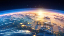 Panoramic View On Planet Earth Globe From Space. Glowing City Lights, Light Clouds. Generative AI