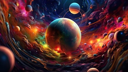 Wall Mural - A celestial alignment of planets and stars in a cosmic symphony of colors. Colorful illustration art. Generative AI