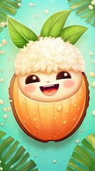 Wall Mural - Kawaii style Coconut fruit character in colorful style illustration. Cute color painting. Generative AI