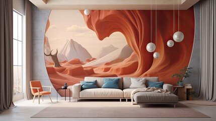 Wall Mural - A contemplative abstract desert with swirling sands and warm earthy tones, inviting introspection and solitude. Colorful illustration art. Generative AI