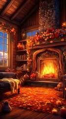 Wall Mural - A cozy fireplace in a rustic cabin with crackling flames and warm, inviting decor. Colorful illustration art. Generative AI