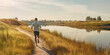 Young man running on pier near river in morning. Generative AI