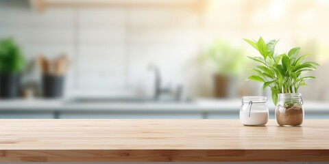 Poster - Empty beautiful wooden table top and modern kitchen interior background.