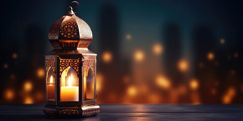 Wall Mural - A decorative lantern with a burning candle glowing against the backdrop of a night mosque.