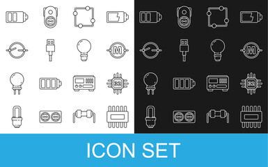Poster - Set line Processor with microcircuits CPU, Electric scheme, USB cable cord, Battery charge level indicator and Light bulb concept of idea icon. Vector
