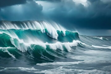 sea wave during storm in the ocean with big clouds and rain