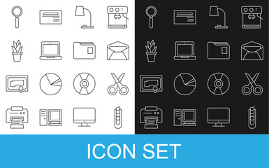 Poster - set line stationery knife, scissors, envelope, table lamp, laptop, plant in pot, magnifying glass an