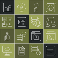 Aufkleber - Set line Software, Broken file, Hierarchy organogram chart, Cloud technology data transfer, Loading window, Data analysis and Network cloud connection icon. Vector