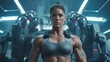 Strong muscular female posing on sci-fi military camp background.
