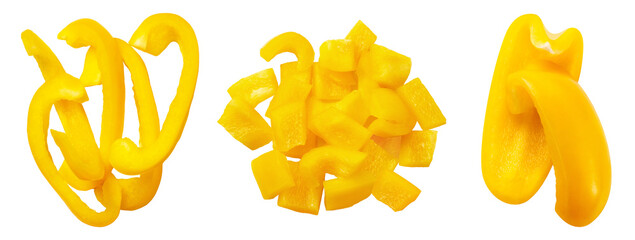 Wall Mural - yellow pepper isolated set. sliced pieces of bulgarian pepper on a transparent background, top view.