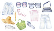 © Katyalanbina@gmail  - Set of female items clothes watercolor illustration isolated on white. Woman's stylish outfit of shirt, shorts, sunglasses hand drawn. Design for shop, sale, magazine, package, showcase, label, print