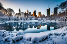 Central Park, Covered In Snow At Dawn