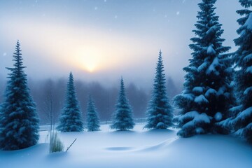 Aufkleber - Beautiful winter landscape with fir trees in a snowy forest. AI generated.