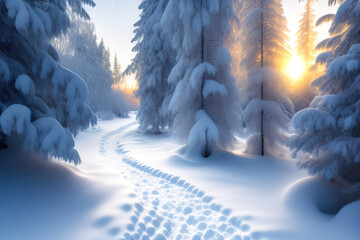 Beautiful winter morning landscape with a path between snow-covered trees. Winter forest. AI generated.