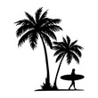 Logo vacaciones de verano. Club de surf. Silueta de mujer andando con tabla de surf en la arena de una playa con dos palmeras