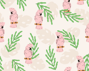 Cockatoo parrot and leaves, seamless pattern. Endless tropical background, texture design. Pink-feathered bird in jungle, repeating print. Exotic flat vector illustration for fabric, textile, wrapping