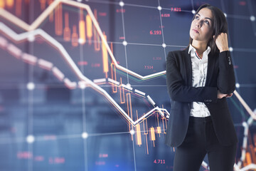 Aufkleber - Stressed young female looking at falling forex chart with index on blurry office interior background. Crisis and declining trade concept. Double exposure.