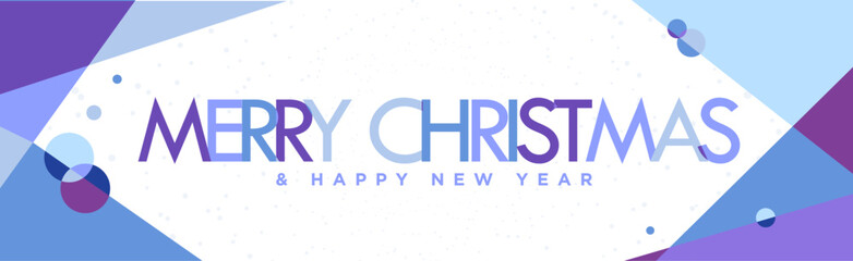 Wall Mural - Modern Merry Christmas and Happy New Year Typographic Banner. Blue geometric elements and shapes with teal blue snowdrops Trendy Merry Christmas seasons greeting header. Vector