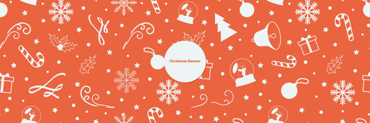 Poster - seamless cute red merry christmas banner with cyan hand-drawn christmas elements. cyan doodles of ch