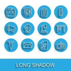 Poster - Set line Tie, Mail and e-mail, Floppy disk, Note paper with push button, Identification badge, Cloud database, Office desk and Table lamp icon. Vector