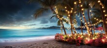 Merry Christmas And Happy New Year. Tropical Beach Scene With A Palm Tree Adorned With Christmas Lights And Ornaments.