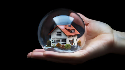 Wall Mural - Hand holding Small house model in the glass, real estate or insurance concept 