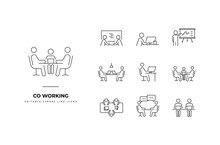 Set Of Co-working Icons. Simple Line Art And Editable Stroke Icons Pack.