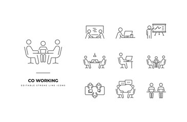 Set of co-working Icons. Simple line art and editable stroke icons pack.