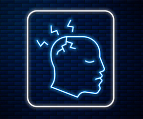 Wall Mural - Glowing neon line Man having headache, migraine icon isolated on brick wall background. Vector