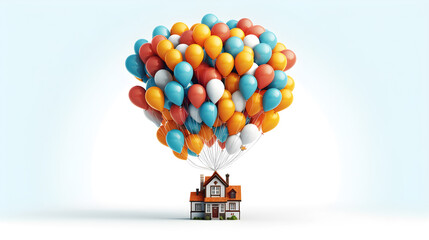 Wall Mural - hot air balloon House with balloons bunch flying in the sky. Real estate purchasing, moving house and housewarming concept.
